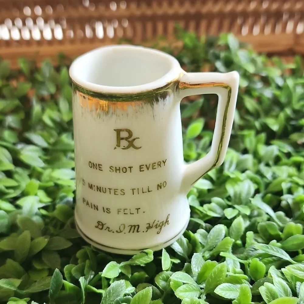 Vintage Novelty RX Porcelain Prescription Shot Glass Gold Tone Accent